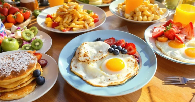 A variety of delicious breakfast foods on a table.
