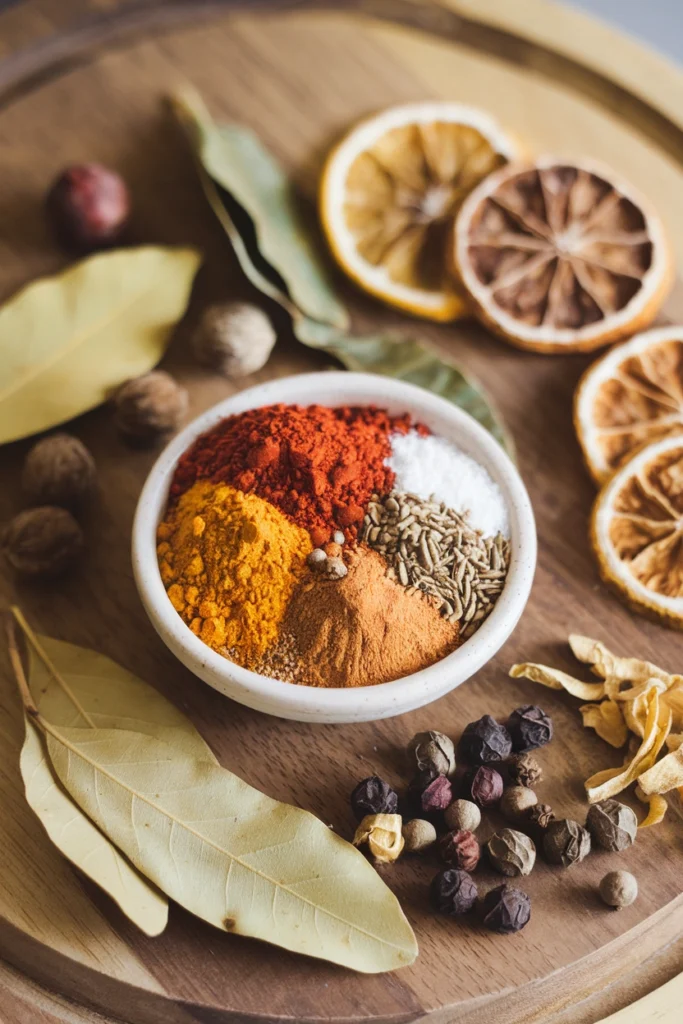 Vibrant homemade seafood seasoning blend in a rustic bowl with whole spices scattered around it