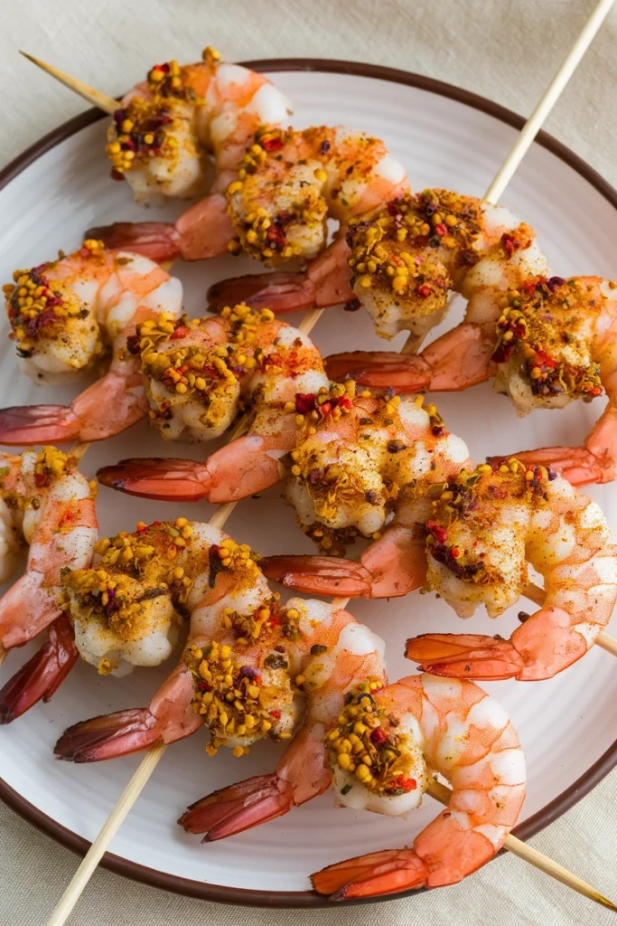 Perfectly grilled shrimp with a golden crust of seafood seasoning, served on a wooden board