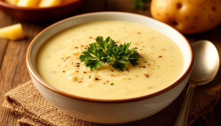 A pot of creamy potato soup simmers on the stovetop, surrounded by fresh Yukon Gold potatoes, garlic, and herbs, creating a warm and inviting kitchen atmosphere.