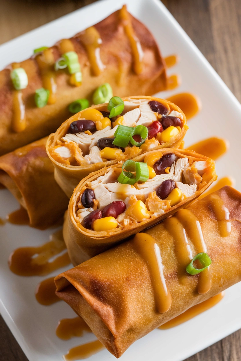 Crispy southwest egg rolls sliced diagonally revealing colorful filling of seasoned chicken, black beans, corn and melted cheese.