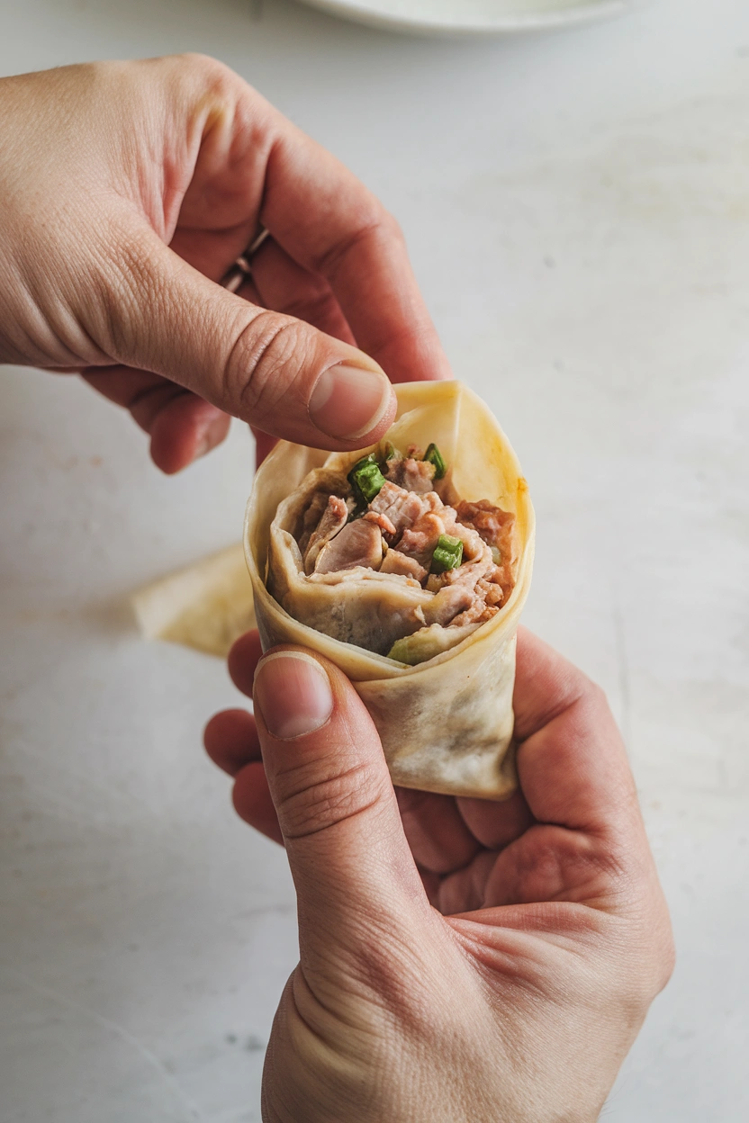 Hands demonstrating how to fold and roll southwest egg roll filling in wonton wrapper, with sides being folded inward.