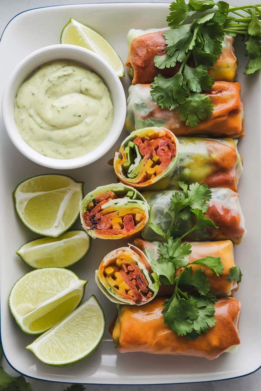 Southwest egg rolls arranged on serving platter with cilantro garnish, lime wedges, and bowls of avocado ranch and chipotle mayo dipping sauces